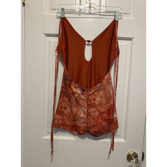 Y2K Boho Tie Back Romper Orange Brown Abstract Keyhole Women’s Small Festival - Picture 2 of 4